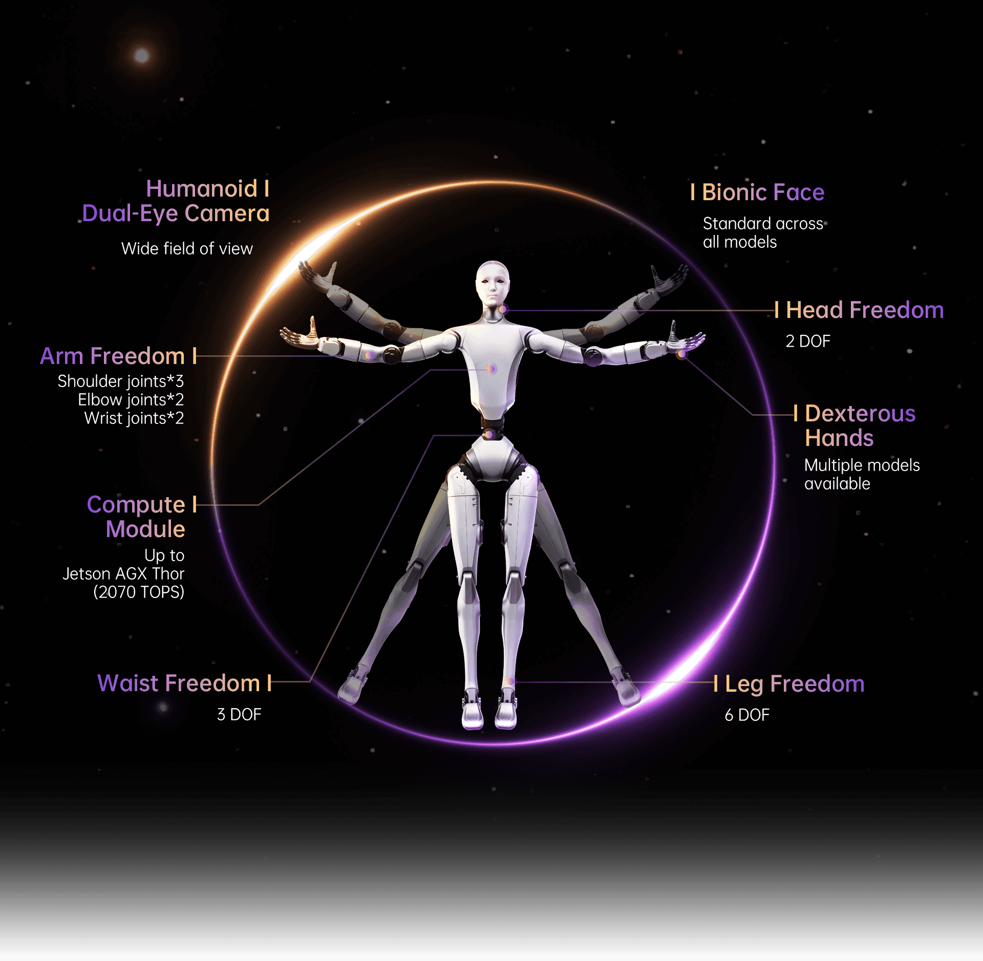 Unitree H2 humanoid robot product feature image showing body degrees of freedom